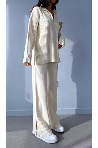 Cloudy Kids Női bordás galléros cipzáras bőr kötöttáru szett hasított lábakkal és cipzárral az oldalán