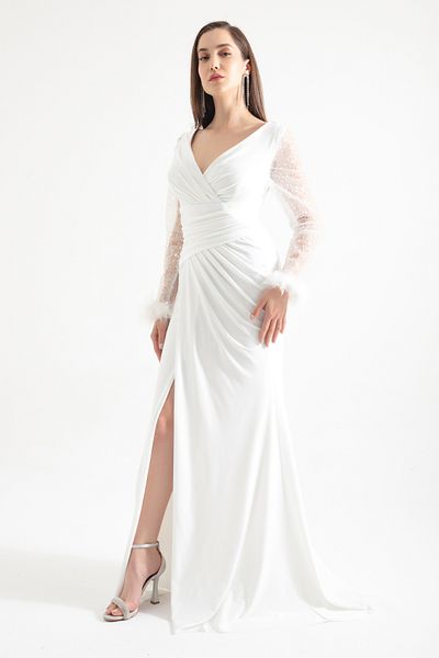 Lafaba Weißes langes Abendkleid für Damen mit V-Ausschnitt und Steinschlitzen