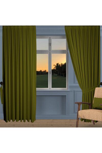 DECO Yağ Yeşili Ada Fon Perde Pilesiz Extraforlu Düz Dikim Büzgü Pile