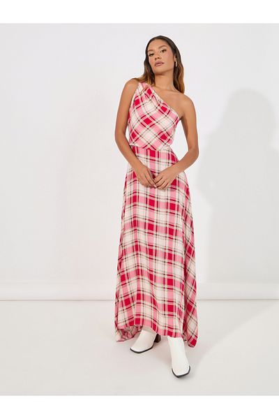 Styli Checked One Shoulder Neck A-Line Maxi Dress