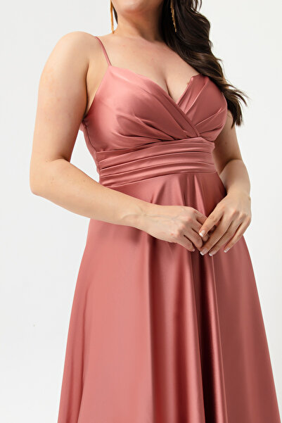 Lafaba Dámské dlouhé večerní saténové šaty s provazovým popruhem z lososa a maturitní šaty