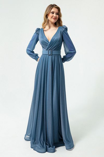 Lafaba Damen-Abendkleid in Indigo mit zweireihigem Ausschnitt, silbrig, lang, ausgestellt