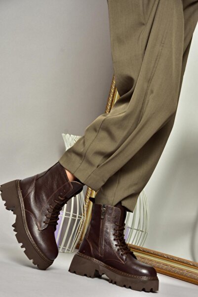 Fox Shoes T380170003 Kahverengi Hakiki Deri Kalın Tabanlı Kadın Bot