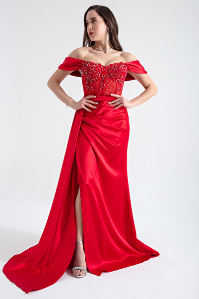 Lafaba Women's Red Boat Neck Underwire Corset Long Evening Dress