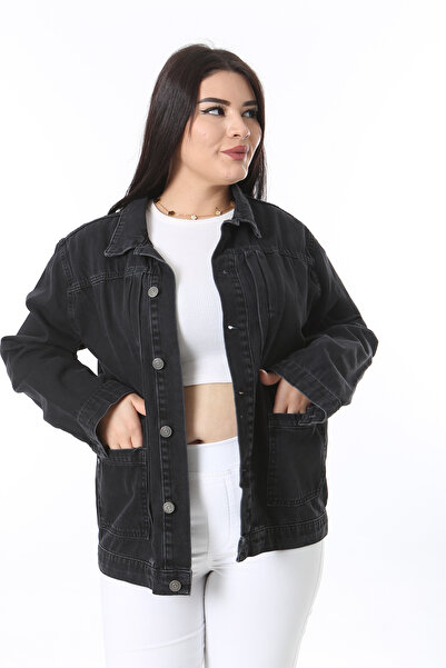Şans Women's Large Size Anthracite Stitching Detailed Front Buttoned Denim Coat 65N38385