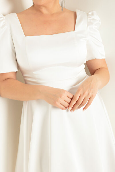 Lafaba Γυναικείο βραδινό φόρεμα με λευκό μπαλόνι μανίκι σε κομμένο Mini Plus μέγεθος, βραδινό