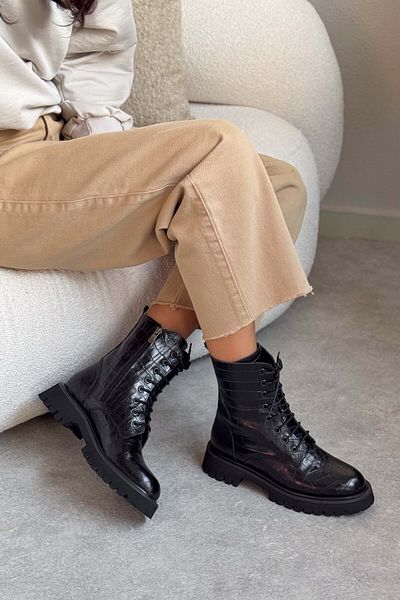 NİŞANTAŞI SHOES Tempest 4 εκ. Lace Up Γυναικείες μπότες από γνήσιο δέρμα με μαύρο σχέδιο