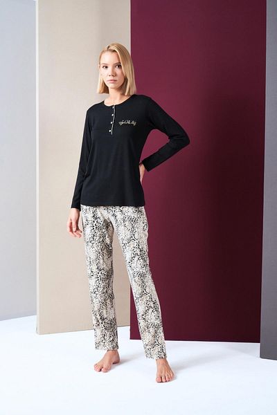 PJS Set de pijamale cu mânecă lungă cu model pentru damă