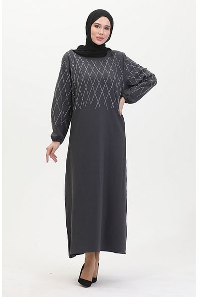 sefamerve Anthrazitfarbenes Abendkleid mit Steindetails – 0525-03