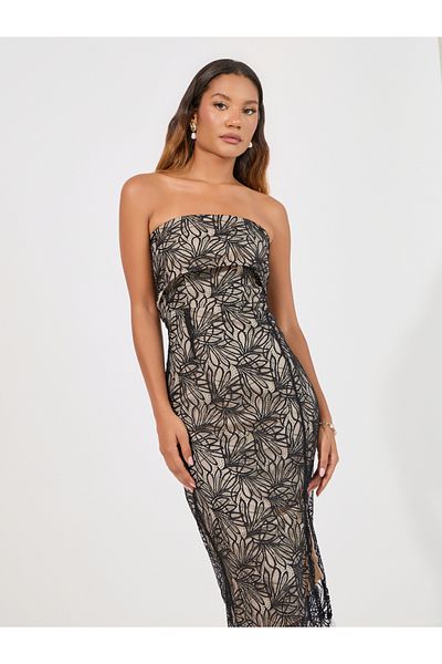 Styli Lace Insert Bandeau Neck Sheath Midi Dress