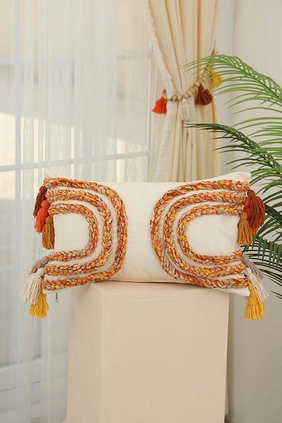 Aisha's Design Handmade Knitted and Tassel Detailed Bohemian Decorative Throw Pillow Cover, K-389