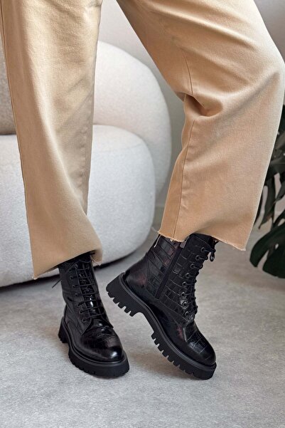 NİŞANTAŞI SHOES Tempest 4 εκ. Lace Up Γυναικείες μπότες από γνήσιο δέρμα με μαύρο σχέδιο