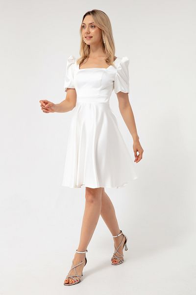 Lafaba Weißes, ausgestelltes Midi-Abendkleid aus Satin mit Ballonärmeln für Damen