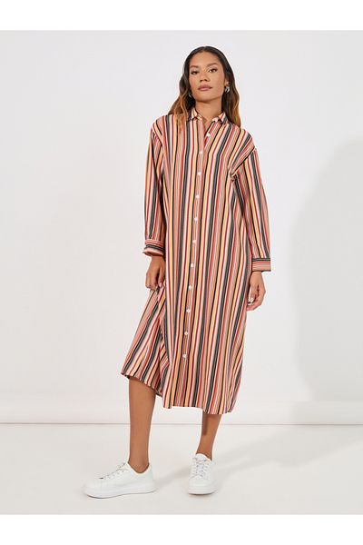 Styli Striped Shirt Midi Dress with Button Placket