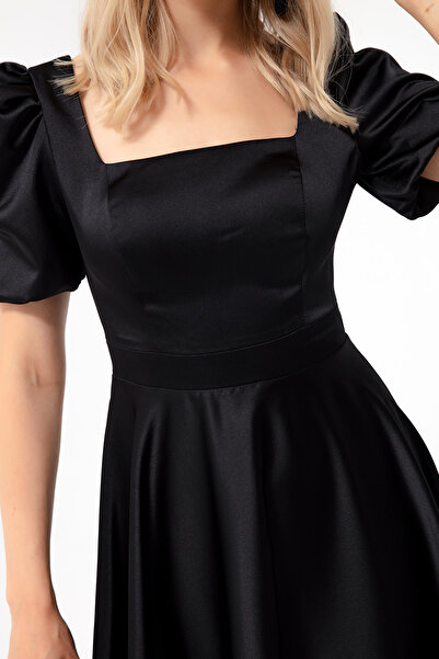 Lafaba Dámské večerní šaty z midi saténového střihu černé s balonovým rukávem