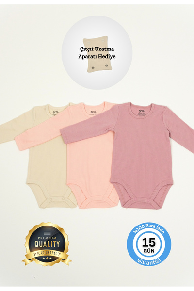 Huggy Mommy Premium Fitilli Kumaş %100 Organik Pamuk 3'lü Kız Bebek Uzun Kol ...