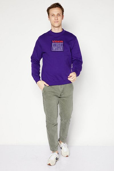 Vision Street Wear Men Crew Neck Embroidered Logo Sweatshirt, Violet