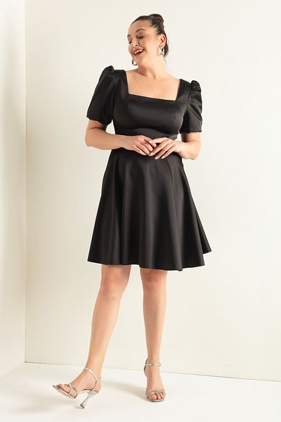 Lafaba Rochie de seară de damă neagră, cu mâneci cu balon, cu croiul evazat, de dimensiuni mari, din satin
