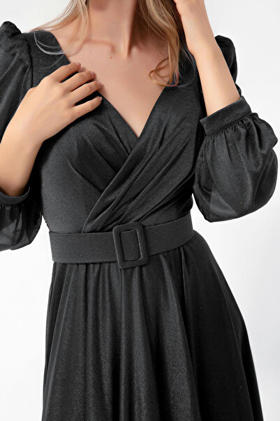 Lafaba Γυναικείο βραδινό φόρεμα μαύρο με διπλό γιακά ασημί μακριά