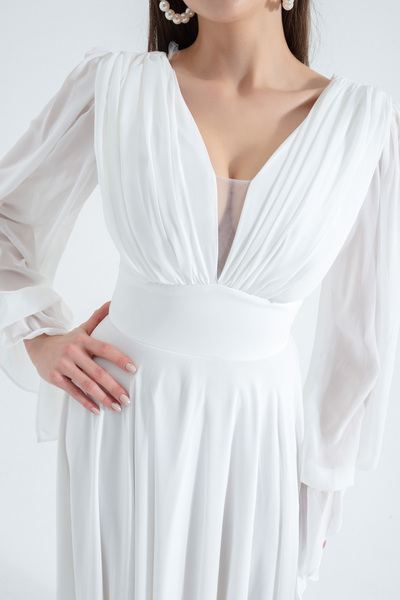 Lafaba Dámské bílé večerní šaty z dlouhého šifonu s výstřihem do V