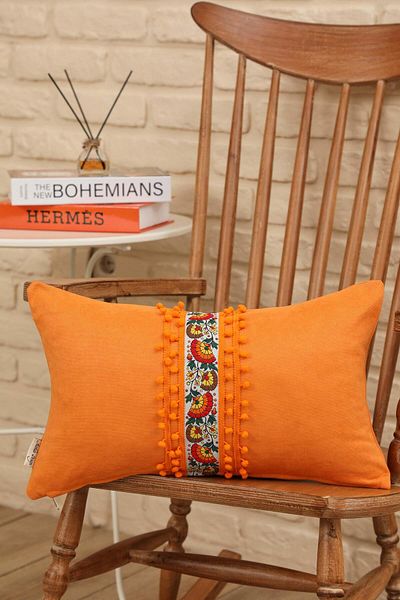 Aisha's Design Decorative Throw Pillow Cover with Flower Motif and Pompom Detail, K-399