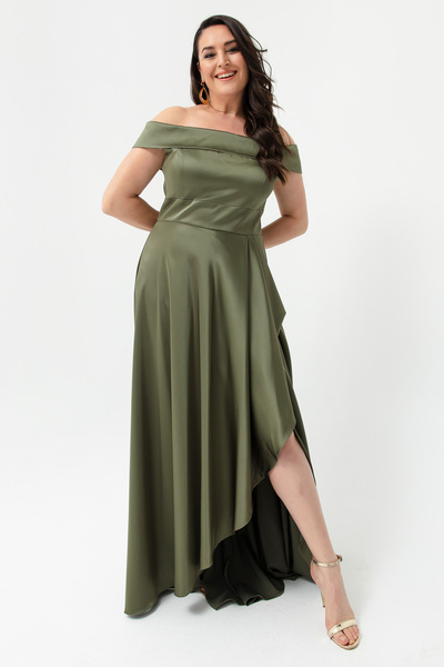 Lafaba Women's Khaki Boat Neck Plus Size Satin Evening Dress & Graduation Dress