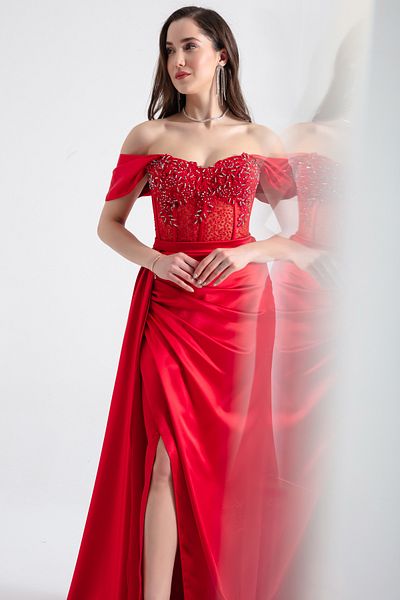 Lafaba Women's Red Boat Neck Underwire Corset Long Evening Dress