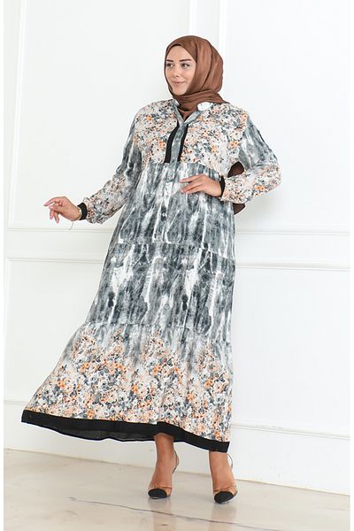 sefamerve Φόρεμα βισκόζης με σχέδιο Plus Size 5071-02 Γκρι