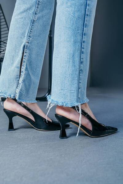 Lizzu Women's Open Back Short Heeled Shoes Niola Black Patent Leather