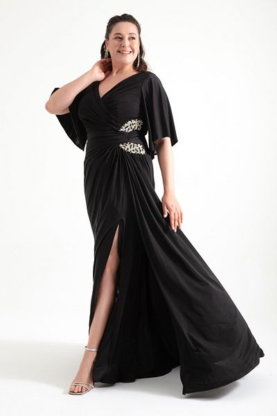 Lafaba Women's Black Side Stone Plus Size Long Evening Dress