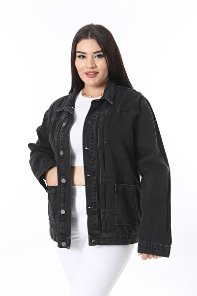 Şans Women's Large Size Anthracite Stitching Detailed Front Buttoned Denim Coat 65N38385