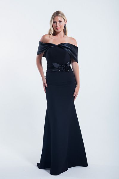 OFZE Black Long Bow Boat Neck Women's Evening Dress