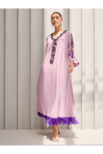 Styli Bead Embroidered Fringe Hem Jalabiya