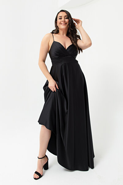 Lafaba Γυναικείο Μαύρο λουράκι με κορδόνι σε Σατέν Μακρύ βραδινό φόρεμα & φόρεμα αποφοίτησης