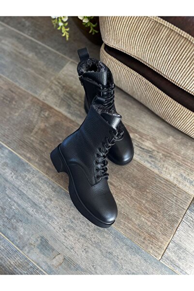 TRODONS Γυναικείες μπότες από γνήσιο δέρμα με γούνα μέσα και χειμερινό φερμουάρ στο πλάι