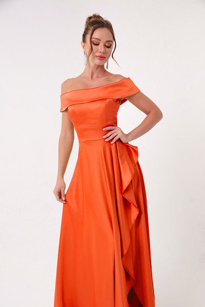 Lafaba Orangefarbenes Abendkleid und Abschlusskleid aus Satin mit U-Boot-Ausschnitt für Damen