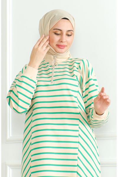 sefamerve Çizgili Yırtmaçlı Tunik 9122-04 Bej Yeşil