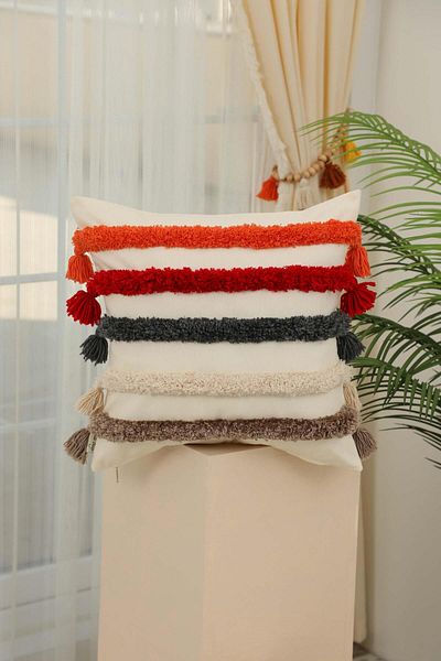 Aisha's Design Bohemian Decorative Throw Pillow Cover with Colorful Punch Tassel Detail, K-384