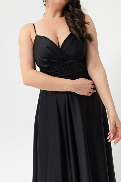 Lafaba Γυναικείο Μαύρο λουράκι με κορδόνι σε Σατέν Μακρύ βραδινό φόρεμα & φόρεμα αποφοίτησης