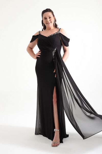 Lafaba Women's Black Strap Jewelled Large Size Evening Dress