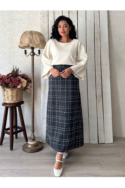 KÜÇÜĞÜM BUTİK Long Anthracite Color Tweed Skirt