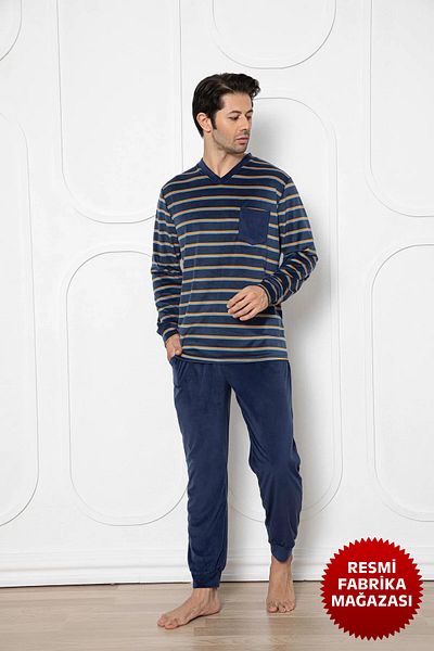 Aydoğan Ανδρικό σετ πιτζάμες από βελούδο - Navy Blue οριζόντιες ρίγες, λαιμόκοψη, μακρύ μανίκι - 13017 - Aydogan ®