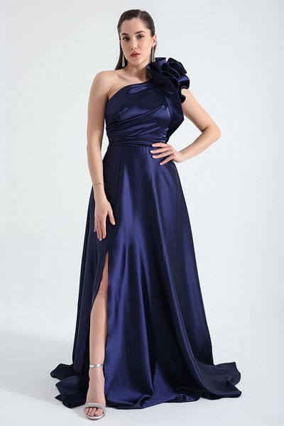 Lafaba Γυναικείο βραδινό φόρεμα Navy Blue One Shoulder Ruffle