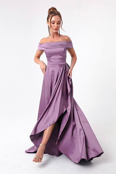 Lafaba Γυναικείο βραδινό φόρεμα με σατέν λαιμόκοψη λεβάντα και φόρεμα αποφοίτησης