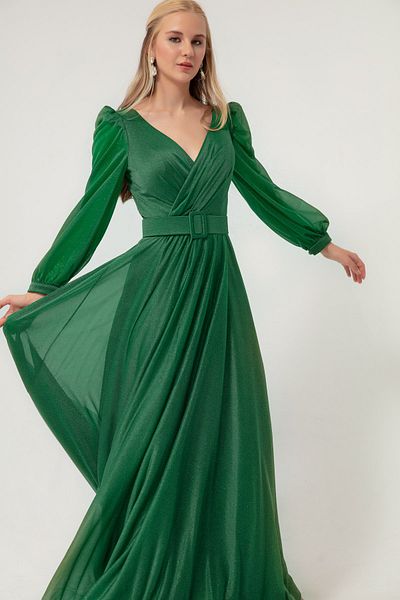 Lafaba Women's Emerald Green Double Breasted Neck Silvery Long Flared Evening Dress