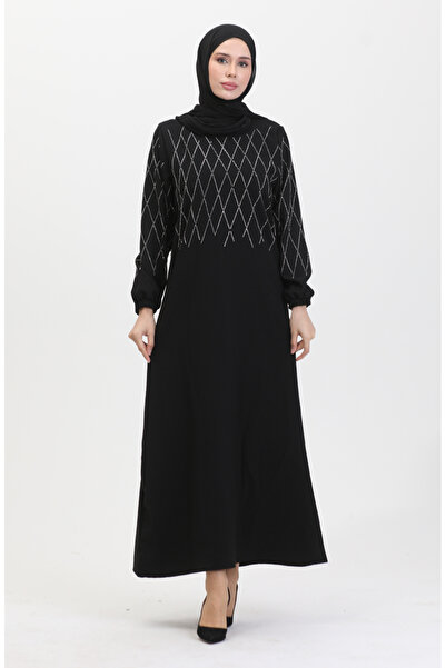 sefamerve Βραδινό φόρεμα με λεπτομέρεια από μαύρη πέτρα - 0525-01