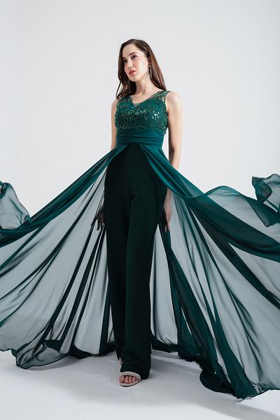 Lafaba Rochie de seară din șifon verde smarald pentru femei