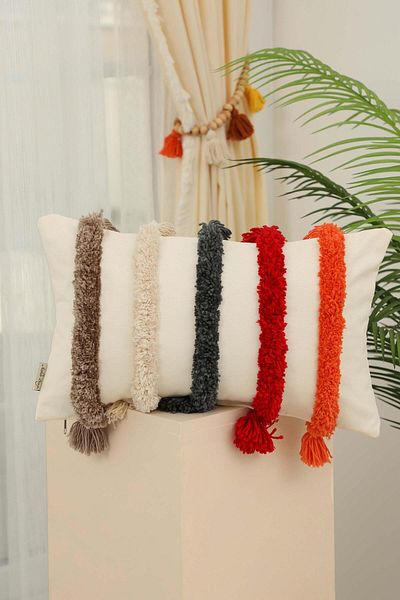 Aisha's Design Bohemian Decorative Throw Pillow Cover with Colorful Punch Tassel Detail, K-385