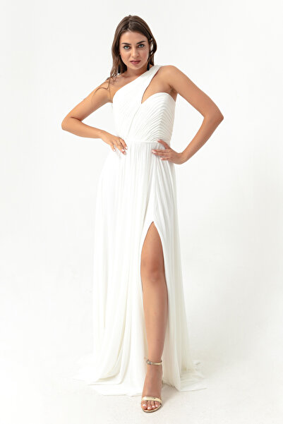 Lafaba Women's White One-Shoulder Slit Long Evening Dress