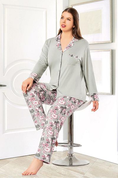 FAAL Floral Patterned Buttoned Front Oversize Pajama Set Gray 8802